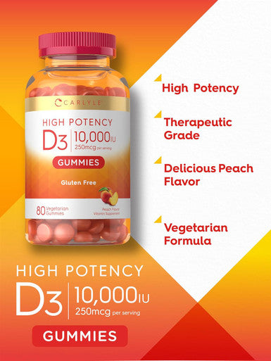 Carlyle Vitamin D3 Gummies | 10000 iu | 80 Count | Peach Flavored Gummy | High Potency for Women & Men |Vegetarian Non-GMO Gluten Supplement