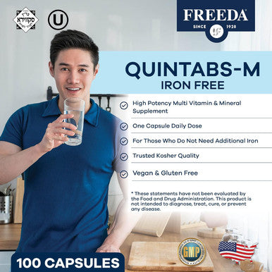 Freeda One Daily Multivitamin Without Iron - Quintabs-M Iron-- Kosher, Balanced Multivitamin Supplements For Adults, Men & Women'S Health Complete Multivitamins (100 Capsules)
