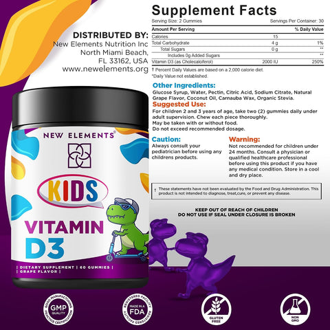 Elements Vitamin D3 Gummies 2000 Iu For Kids Sugar Natural Vitamin D Chewable Gummy Supplement For Healthy Bones Mood & Immune Support Vegan Gluten- Non-Gmo Natural Grape Flavor