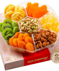 NUT CRAVINGS - Purim Mishloach Manot Dried Fruit & Mixed Nuts Gift Basket in Reusable Wooden Tray + Ribbon (12 Assortments) Ramadan Gifts Food Arrangement, Healthy Snack Care Package, Kosher