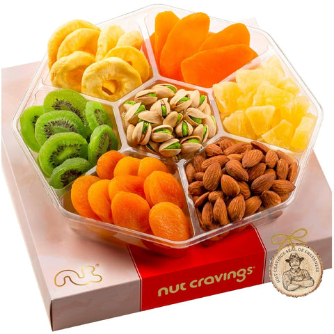 NUT CRAVINGS - Purim Mishloach Manot Dried Fruit & Mixed Nuts Gift Basket in Reusable Wooden Tray + Ribbon (12 Assortments) Ramadan Gifts Food Arrangement, Healthy Snack Care Package, Kosher