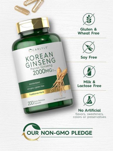 Carlyle Korean Ginseng Extract Capsules 2000 mg | 200 Capsules | Non-GMO and Gluten Formula | Standardized Panax Ginseng Supplement