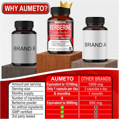 Aumeto 8 in 1 Berberine Supplement - Equivalent to 13100mg per Capsule - Support Digestion Immunity - with Ceylon Cinnamon Milk Thistle Turmeric Bitter Melon