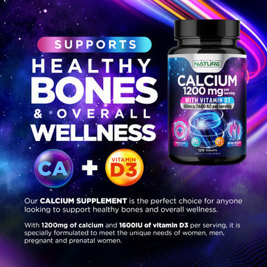 Built Nature Calcium 1200Mg With Vitamin D3 For Best Absorption - Advanced Bone Support Supplement, 1200 Mg Calcium Carbonate & 1600 Iu Vitamin D3, Slow Release For Immune Support, Easy To Swallow, 120 Tablets