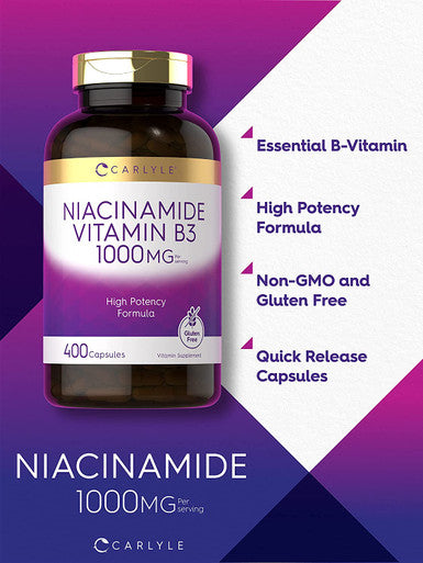 Carlyle Niacinamide Vitamin B3 1000 mg | 400 Capsules | High Potency Formula | Non-GMO, Gluten Free