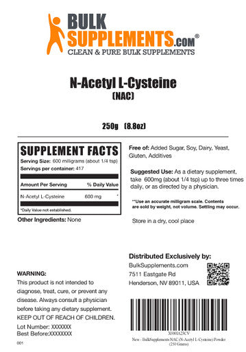 BulkSupplements NAC Powder (N Acetyl cysteine) - NAC 600 mg - NAC Supplement - N Acetyl Cysteine 600 mg - 600mg , 417 Servings (250 Grams - 8.8 oz)