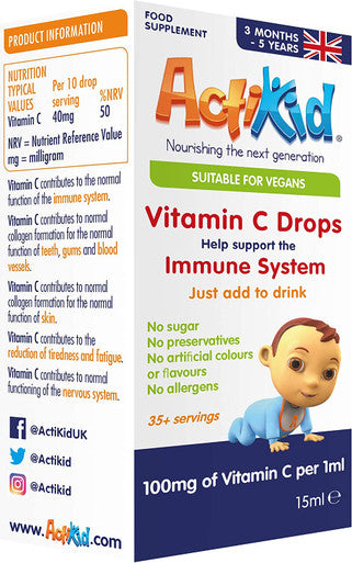 2 Pack ActiKid Vitamin C Drops 100mg per 1ml - 15ml for Infants and Children | Vegan | Sugar Free | Preservative Free | No Allergens | Baby | Vitamin C Supplement | Immune System Booster