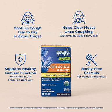Mommy's Bliss Organic Baby Cough Syrup and Mucus + Immunity Support Contains Agave & Ivy Leaf 4 month+ 1.67 Fl Oz