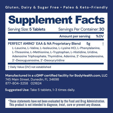 Bodyhealth Perfectamino Tablets 150 Ct Essential Amino Acid With Bcaas Lysine Phenylalanine Threonine Methionine Tryptophan Supplement For Muscle Mass Production Recovery and Strength