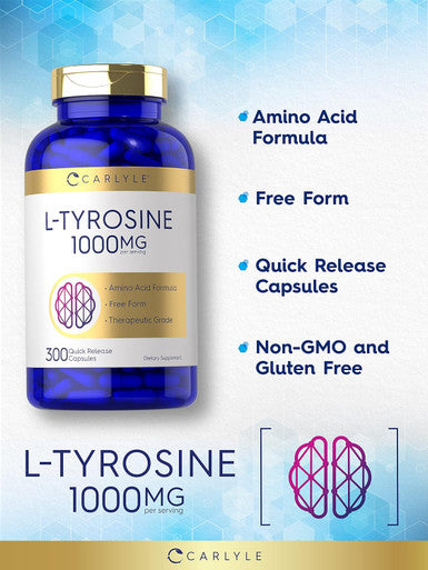 Carlyle L Tyrosine Capsules 1000mg | 300 Count | Therapeutic Grade | for Men and Women | Non-GMO & Gluten Supplement