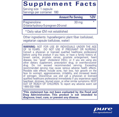 Pure Encapsulations Pregnenolone - 30 Mg - Hormone Support - Memory Support & Brain Supplement - Gluten & Vegan - 180 Capsules