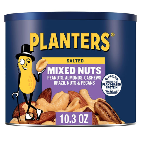 PLANTERS Mixed Nuts Unsalted, Party Snacks, Plant-Based Protein, 10.3 oz Canister