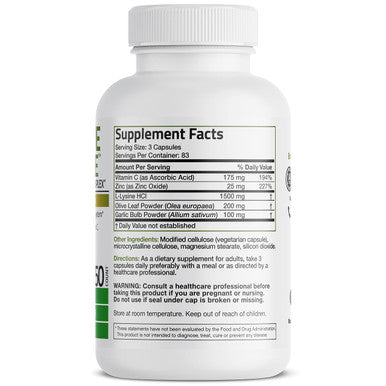 Bronson L-Lysine Defense Immune Support Complex 1500 Mg L-Lysine Plus Olive Leaf, Garlic, Vitamin C And Zinc - Non-Gmo, 250 Vegetarian Capsules