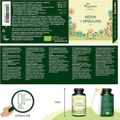 Reishi & Spirulina VegaveroÃƒâ€šÃ‚Â® | 100% Organic | 2000 mg | with Phycocyanin and Polysaccharides | 120 Vegan Tablets | Alga Spirulina with Ganoderma Lucidum Extract