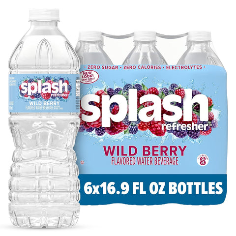 SPLASH REFRESHER Flavored Water Bottles, Wild Berry Flavor - 6 Pack | Refreshing Flavored Bottled Water with Electrolytes - Zero Sugar & Zero Calories - 16.9 Fl Oz