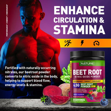 Built Nature Beet Root Nitric Oxide Powder Supplement - Organic Beetroot Super Food Performance Booster For Circulation, Energy, Stamina, Blood Flow And Heart Health - Vegan, Non-Gmo - Berry Flavor - 30 Servings
