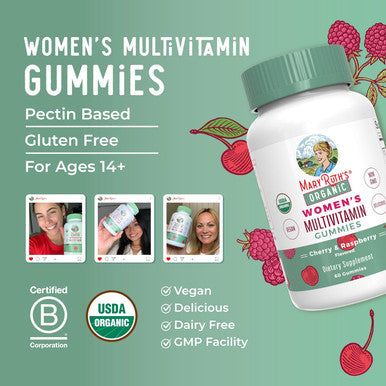 Maryruth Organics Multivitamin for Women | Womens Multivitamin Gummy | Vegan | USDA Organic | Immune Support Gummy Vitamins | Hair and Skin Vitamins for Women | Vitamin D3 | Selenium | 60 Count