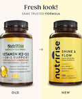 NutriRise Vitamin K2 + D3 Supplement with Calcium & BioPerine - Shine & Flow - 120ct - 5000 IU: Gluten-Free, Immune & Energy Support, Vegetarian Capsules to Promote Bone Health & Joint Comfort