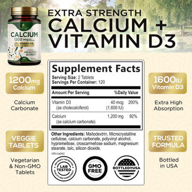 Nature'S Nutrition Calcium 1200 mg with Vitamin D3 Calcium Supplement Vitamins Supports Bone Strength Teeth & Immune System Calcium Supplements for Women & Men Nature's Absorbable Calcium Carbonate - 240 Tablets