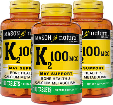 Mason Natural Vitamin K2 100 mcg with Calcium - Supports Cardiovascular, Bone and Muscle Health, Promotes Calcium Metabolism, Healthy Immune System, 100 Tablets (Pack of 3)