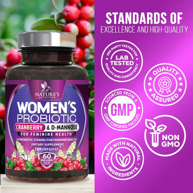 Nature'S Nutrition Probiotics for Women 60 Billion CFU & 16 Probiotic Strains with Prebiotics for Digestive Health Womens Probiotic for Vaginal pH Urinary & Immune Support with Cranberry Gluten - 120 Capsules