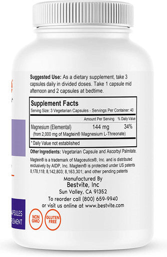 Magtein Magnesium L-Threonate Capsules - 2000mg per Serving (240 Vegetarian Capsules) (120 x 2)- Patented and Bioavailable Magnesium - No Stearates - No Fillers - Vegan - Non GMO - Gluten Free