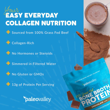 Paleovalley 100% Grass Fed Bone Broth Protein Powder Chocolate Rich in Collagen for Hair Skin Gut Health Bone and Joint Support 28 Servings