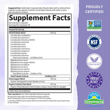 Garden of Life Dr. Formulated Probiotics Mood+ Acidophilus Probiotic Supplement - Promotes Relaxation And Digestive Balance - Ashwagandha For Stress Management - Non Gmo Gluten Free - 60 Veggie Caps