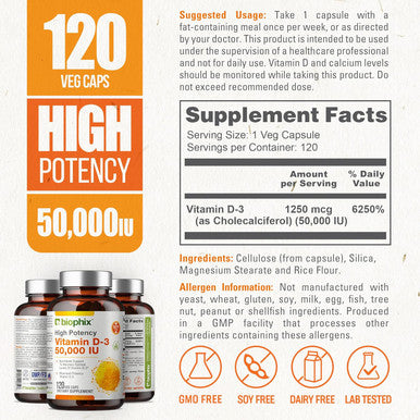 Biophix Vitamin D-3 50000 Iu 120 Tablets - High-Potency Supports Strong Bones Immune Health