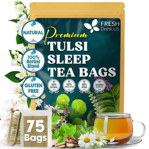 FreshDrinkUS, Premium 75 Mulberry Leaf Tea Bags, 100% Natural & Pure from Mulberry Leaves. Loose Leaf Herbal Tea. Made with Natural Material Tea Bags. No Sugar, No Caffeine, No Gluten, Vegan.