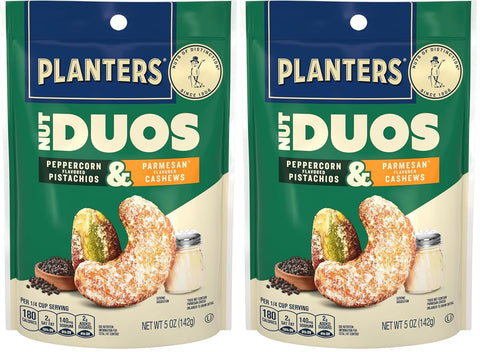 PLANTERS Nut Duos, Peppercorn Pistachios & Parmesan Cashews, Roasted, 5 Oz | Flavored Nuts. 0g Trans Fat. Plant Based Protein. Resealable Bag. Snacks for Adults. Party Mix, Party Snacks