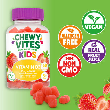 Chewy Vites Kids High Strength Vit D3 60 Kids Vitamin D Gummies 10 mcg 400 IU Vitamin D3 2 Months Supply Vegan Real Fruit Juice Age 3 + Strawberry Flavour