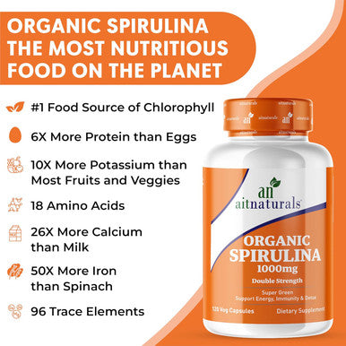 Aitnaturals Organic Spirulina 1000 mg (120 Capsules) | Boosts Immune Function Supports Liver Health Enhances Energy & Vitality Improves Gut Health Aids Detoxification Non-GMO Gluten Halal