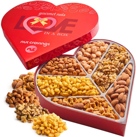 NUT CRAVINGS - Purim Mishloach Manot Mixed Nuts Gift Basket in Red Gold Box (7 Assortments, 1 LB) Ramadan Gifts Treats for Adults, Food Arrangement, Healthy Snack Care Package, Kosher