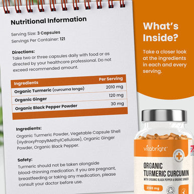 High Strength Turmeric & Black Pepper Capsules 2160Mg, 365 Caps/4 Months, Organic Turmeric Ginger & Black Pepper Capsules, Turmeric Curcumin Capsules (Not Tablets) Vitabright Tumeric Supplement Joints