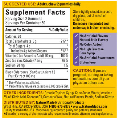 Nature Made Elderberry With Vitamin C And Zinc Dietary Supplement For Immune Support 100 Gummies 50 Day Supply
