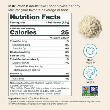 Nutrim Oat Bran Powder with 750mg Beta Glucan per Serving Easy Mix Soluble Fiber for Cholesterol Management and Immune Support Heart Healthy Non GMO and Vegan Oatmeal Powder