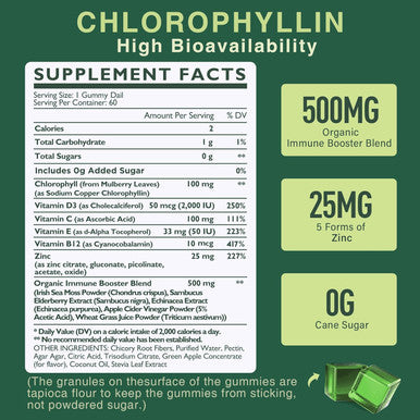 Sugar Chlorophyll Gummies - With Unfiltered Acv, Sea Moss & Elderberry, Echinacea, Vitamin D3, C, E, B12 - Natural Deodorant, Breathe Fresh, Immune & Digestion Support, Vegan Delicious Chews 60Ct