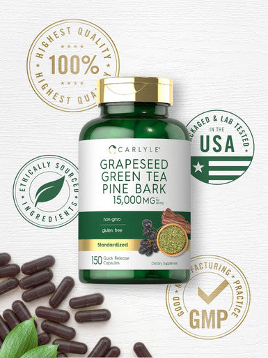 Carlyle Grapeseed Green Tea Pine Bark | 15000mg | 150 Capsules | Non-GMO and Gluten Supplement