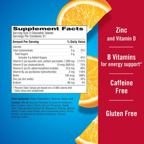 EmergenC Immune+ Chewables 1000Mg Vitamin C With Vitamin D Tablet Immune Support Dietary Supplement For Immunity Orange Blast Flavor 42 Count
