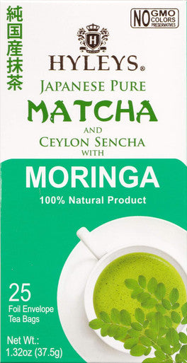 Hyleys Matcha Tea Bags with Moringa Oleifera - 25 Tea Bags (Japanese Pure Matcha Wellness Green Tea)