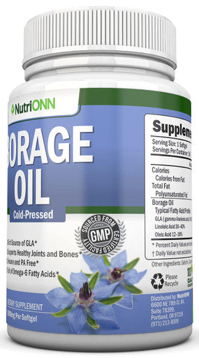 NutriONN Borage Oil - 1000 mg - 180 Softgels - Cold Pressed High GLA Borage Seed Oil - Hexane and PA Free - Great for Skin, Hair, Joints and Bones.