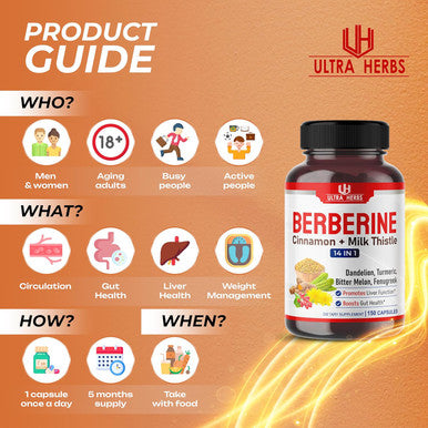 Ultra Herbs Premium Berberine 12200MG with Cinnamon Milk Thistle USA Made & Test Promotes Liver Function Gut Health Immunity (150 Count (Pack of 1))