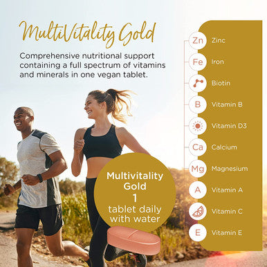 Healthspan Multivitamin Gold (180 Tablets) A-Z Formulation Wellbeing and Immune Support Algal Source Vitamin D3 Vitamins A, B, C, D, E and K Calcium Iron Magnesium Selenium and Zinc Vegan