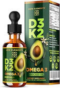 Elements Liquid Vitamin D3 + K2 Drops 10000 IU with Omega3 High Absorption for Bone Immune and Heart Support Pure Avocado Oil Base NonGMO 2 fl oz (60 ml)