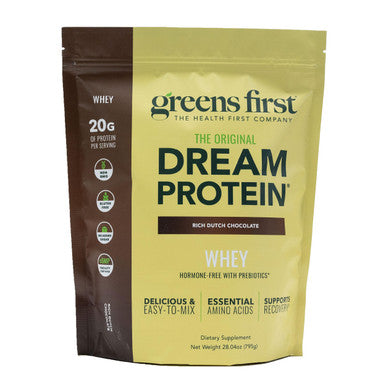 Greens First Dream Protein Powder Whey 20g Protein Per Serving Hormone Free with Prebiotics NonGMO No Artificial Sweeteners MSG Aspartame (Rich Dutch Chocolate 28.04 oz)