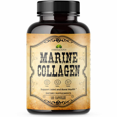 HERBALICIOUS Marine Collagen Capsules - Non Gmo, Gluten-Free Hydrolyzed Fish Collagen Supplements For Radiant Skin, Hair, Nails, Joints, & Bones - Made In Usa - 120 Capsules, 30 Days Supply