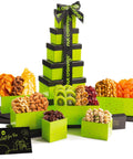 NUT CRAVINGS - Purim Mishloach Manot Dried Fruit & Mixed Nuts Gift Basket, Green Tower + Ribbon (12 Assortments) Ramadan Gifts Food Arrangement, Healthy Snack Care Package, Kosher