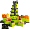 NUT CRAVINGS - Purim Mishloach Manot Dried Fruit & Mixed Nuts Gift Basket, Green Tower + Ribbon (12 Assortments) Ramadan Gifts Food Arrangement, Healthy Snack Care Package, Kosher