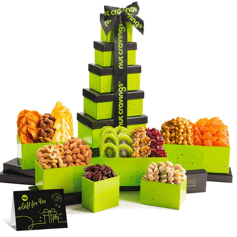 NUT CRAVINGS - Purim Mishloach Manot Dried Fruit & Mixed Nuts Gift Basket, Green Tower + Ribbon (12 Assortments) Ramadan Gifts Food Arrangement, Healthy Snack Care Package, Kosher